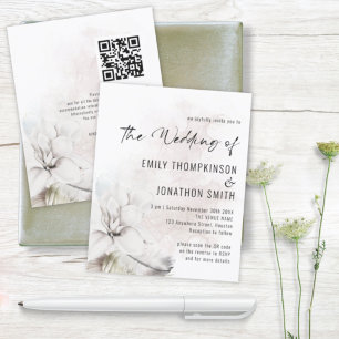 Papier Invitation Budget Blanc Floral Aquarelle QR Mariag