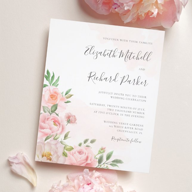 Papier Invitation Budget Blush Pink Aquarelle Floral Mari (Créateur téléchargé)