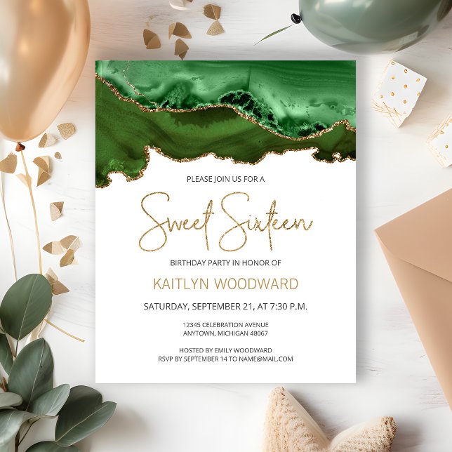 Papier Invitation Budget Chasseur Vert Agate Or Sweet 16 (Créateur téléchargé)