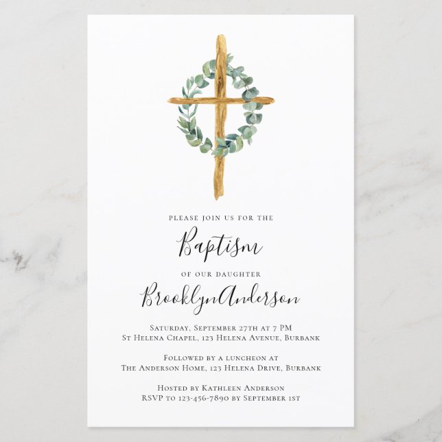 Papier Invitation Budget Eucalyptus Cross Baptism (Devant)