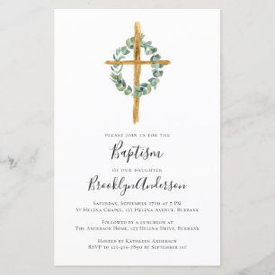 Papier Invitation Budget Eucalyptus Cross Baptism