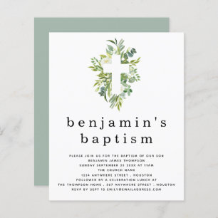Papier Invitation Budget Eucalyptus Cross Baptism