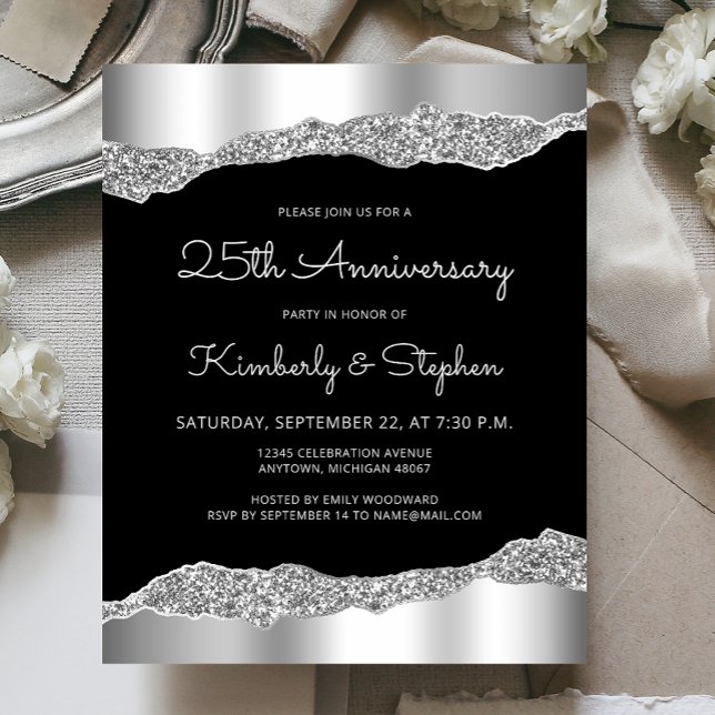 Papier Invitation Budget Glam Argent Noir 25e Anniversair (Créateur téléchargé)