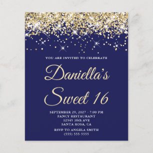 Papier Invitation Budget Glitter Or Pale Navy Sweet 16