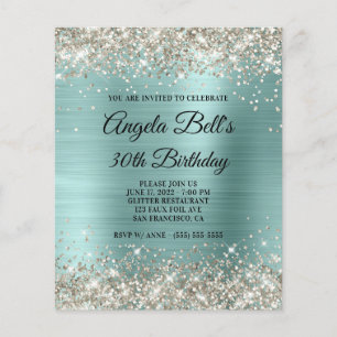 Papier Invitation Budget Pailleté Platine Turquoise Clair