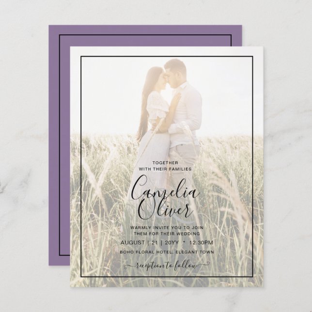 Papier Invitation Budget Purple Mariage Photo Overlay (Devant / Derrière)