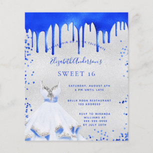Papier Invitation budget Sweet 16 bleu roi argent