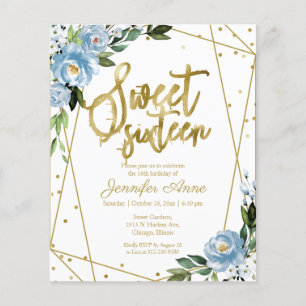 Papier Invitation Budget Sweet 16 Fleurie Bleu Poussiéreu