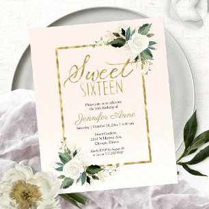 Papier Invitation Budget Sweet 16 Fleurs Blush Blanc