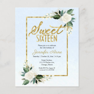 Papier Invitation Budget Sweet 16 Florale sur Bleu Poussi
