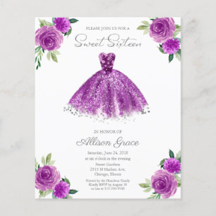 Papier Invitation Budget Sweet 16 Robe Argent Violet