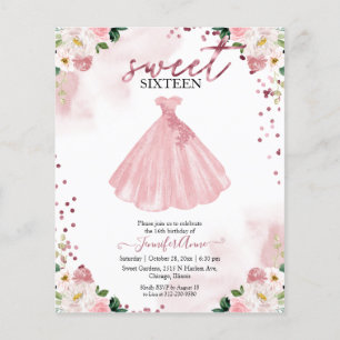 Papier Invitation Budget Sweet 16 Robe florale Rose Gold