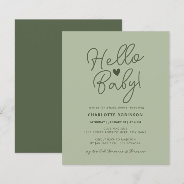 Papier Invitation budgétaire mini-neutre Hello Baby showe (Devant / Derrière)