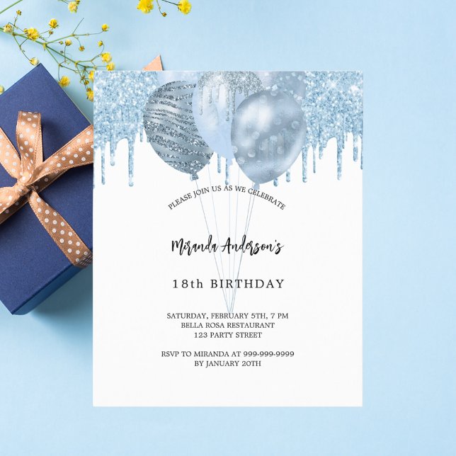 Papier Invitation budgétaire pour ballons bleu blanc anni (Créateur téléchargé)
