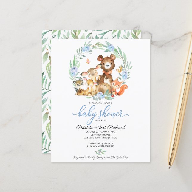 Papier Invitation budgétaire pour le Baby shower forestie (Devant/Arrière en situation)