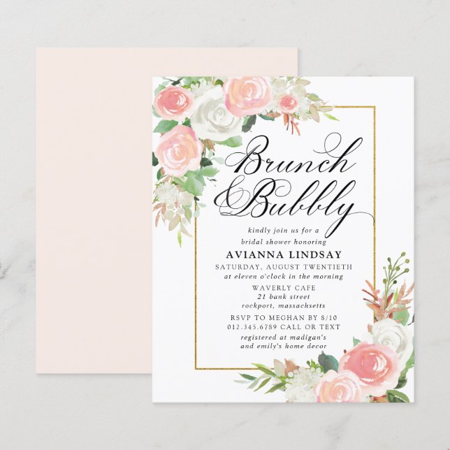 Papier Invitation bulle de brunch florale rose blanc à pe (Devant / Derrière)