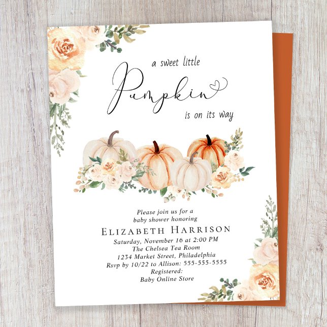 Papier Invitation Citrouille Floral Baby shower d'automne (Créateur téléchargé)