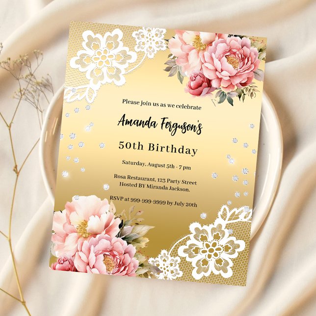 Papier Invitation d'anniversaire 50 ans fleurs rose or (Créateur téléchargé)