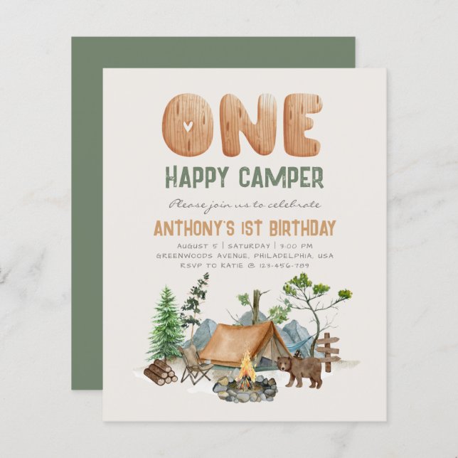 Papier Invitation d'anniversaire Budget One Happy Camper  (Devant / Derrière)