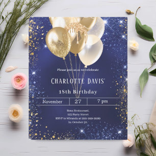 Papier Invitation d'anniversaire de ballons d'or bleu mar