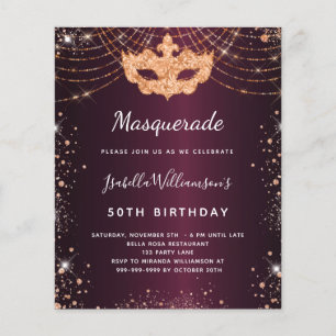 Papier Invitation d'anniversaire d'or rose bordeaux masca