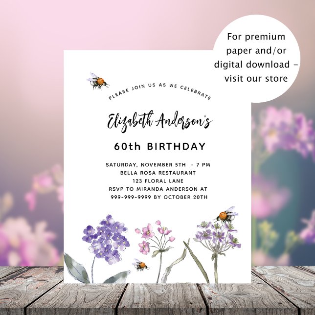Papier Invitation d'anniversaire du budget rose violet fl (Créateur téléchargé)