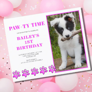 Papier Invitation d'anniversaire pour chien rose temps ro