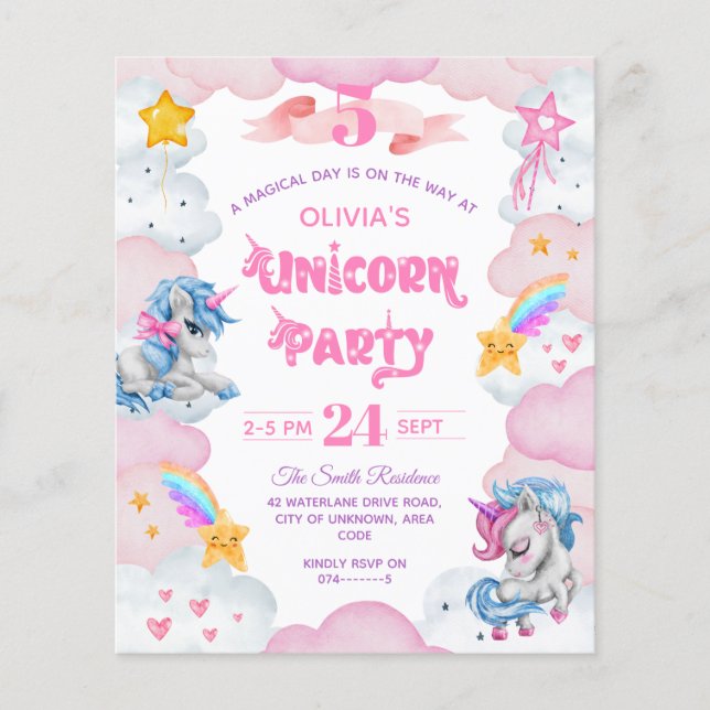 Papier Invitation d'anniversaire pour enfant Licorne à l' (Devant)