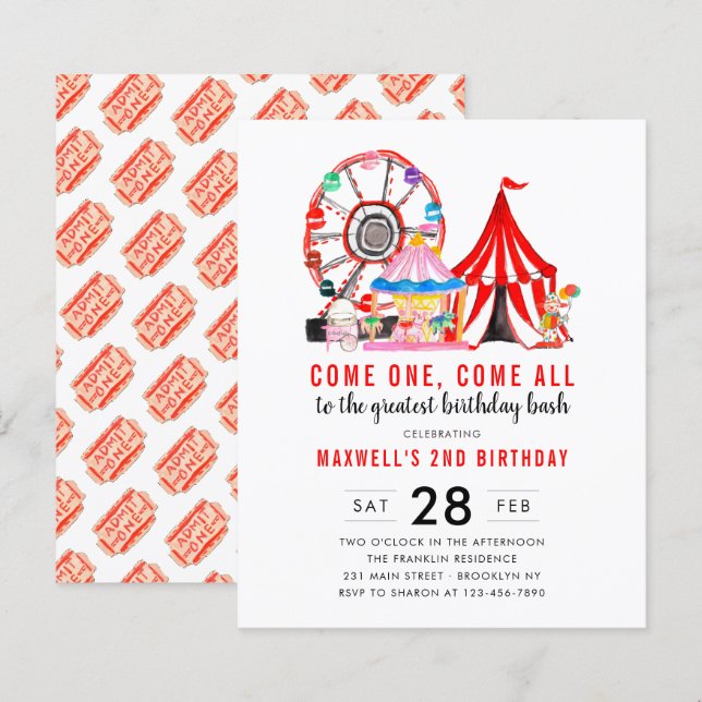 Papier Invitation d'anniversaire pour un spectacle de cir (Devant / Derrière)