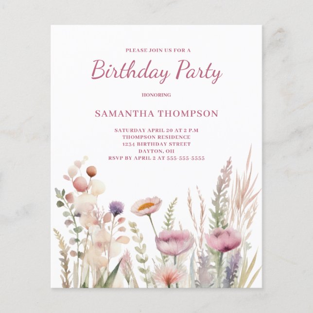 Papier Invitation d'anniversaire rose budget (Devant)