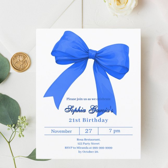 Papier Invitation d'anniversaire Royal blue white bow (Créateur téléchargé)