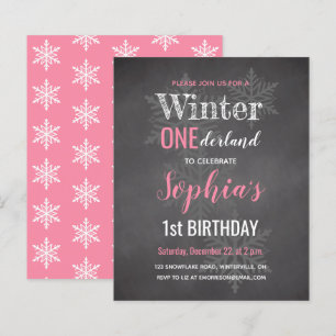Papier Invitation de 1er anniversaire Budget Rose Hiver O