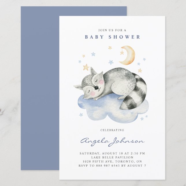 Papier Invitation de Baby Shower au Raton Laveur Dormant  (Devant / Derrière)