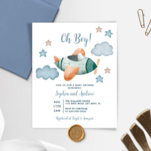 Papier Invitation de Baby Shower Avion Budget Envolée