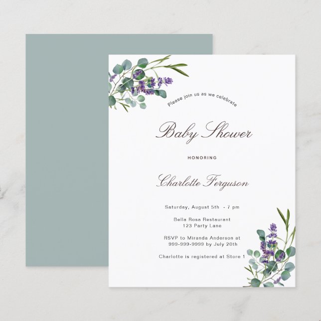 Papier Invitation de baby shower Budget eucalyptus lavend (Devant / Derrière)