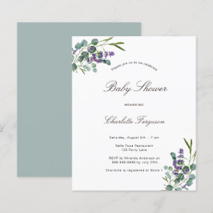 Papier Invitation de baby shower Budget eucalyptus lavend