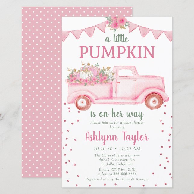 Papier Invitation de Baby shower Citrouille rose budget (Devant / Derrière)