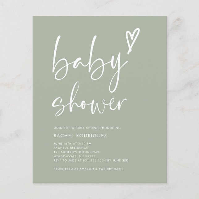 Papier Invitation de Baby shower Coeur de script vert Bud (Devant)