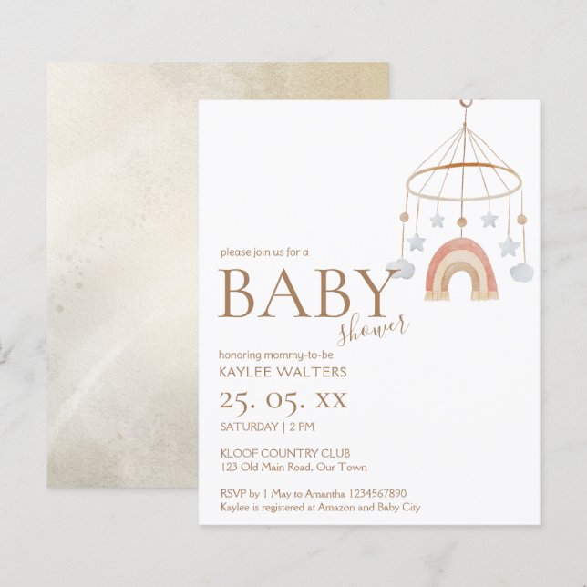 Papier Invitation de baby shower de budget mobile boho vi (Devant / Derrière)