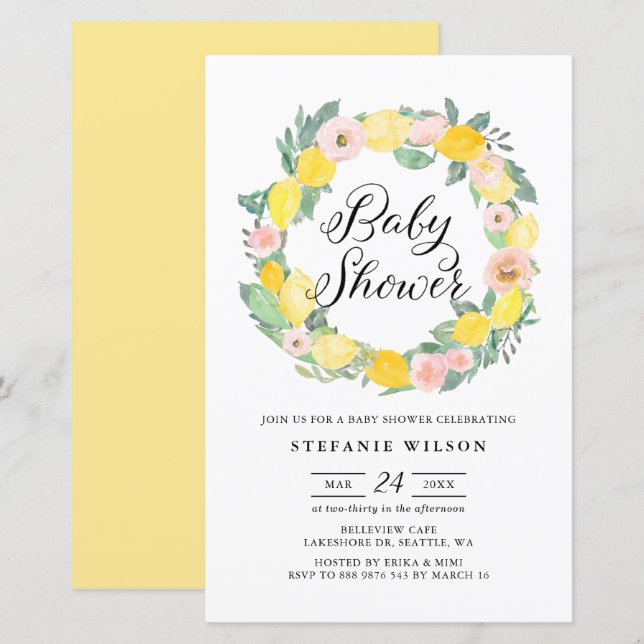 Papier Invitation de Baby shower de couronne de citron et (Devant / Derrière)