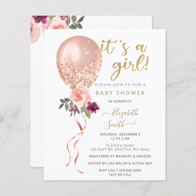 Papier Invitation de Baby shower de fille rose budget (Devant / Derrière)