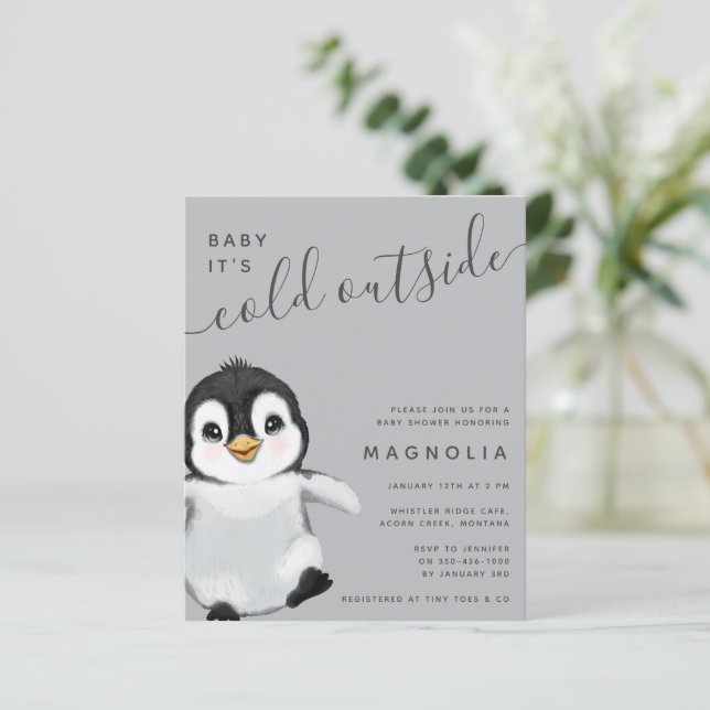 Papier Invitation de Baby shower de pingouin doux budget (Debout devant)