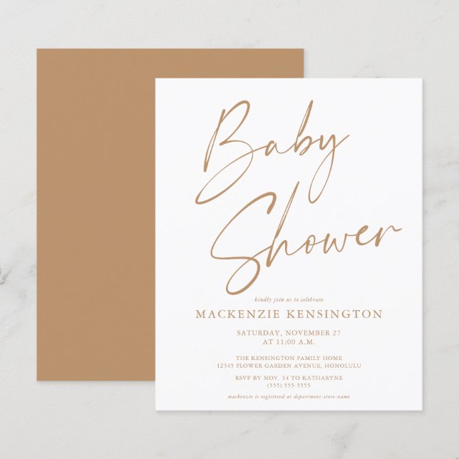 Papier Invitation de Baby shower de script manuscrit Tan  (Devant / Derrière)