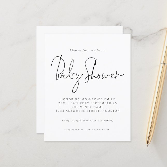 Papier Invitation de Baby shower de script noir budget (Devant/Arrière en situation)