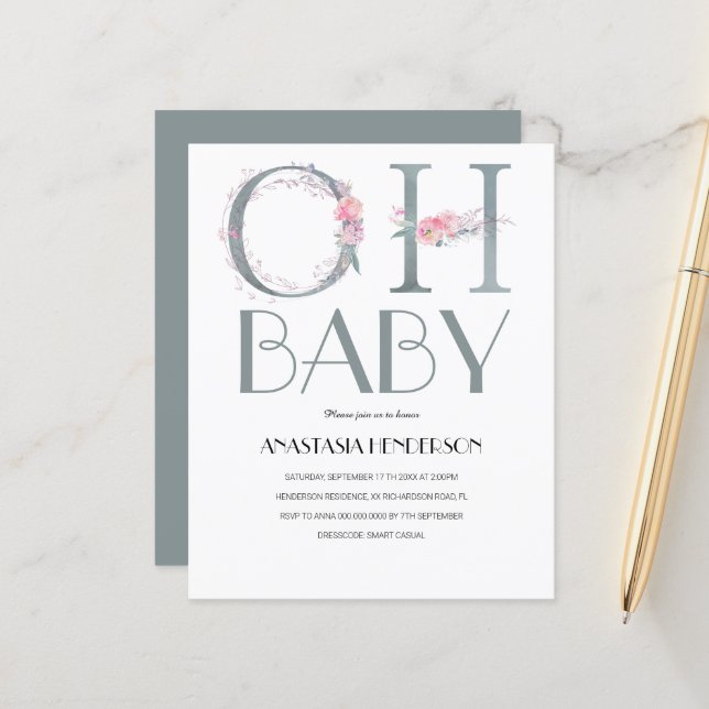 Papier Invitation de baby shower économique. (Devant/Arrière en situation)