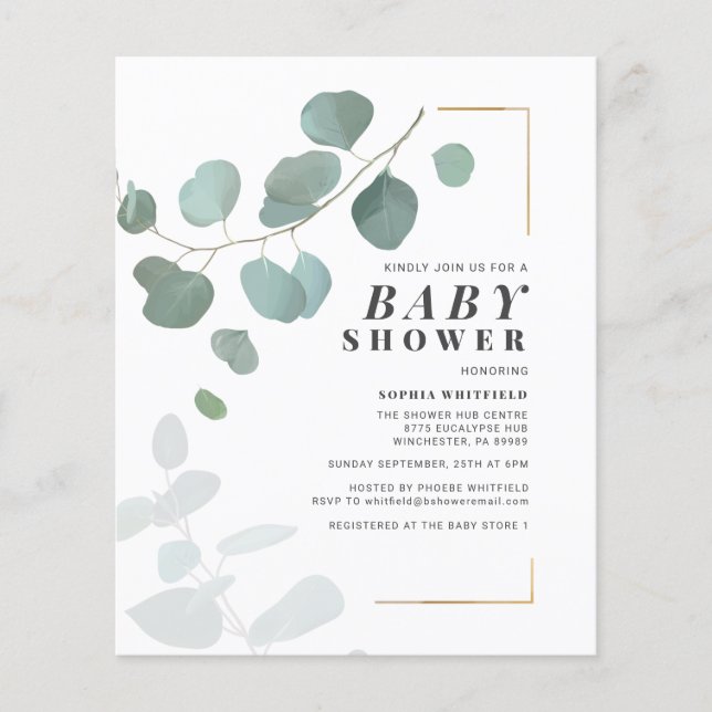 Papier Invitation de Baby shower Eucalyptus Budget (Devant)