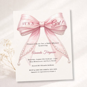 Papier Invitation de Baby Shower fille ruban rose ivoire
