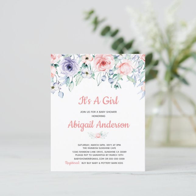 Papier Invitation de Baby shower floral rose budget (Debout devant)