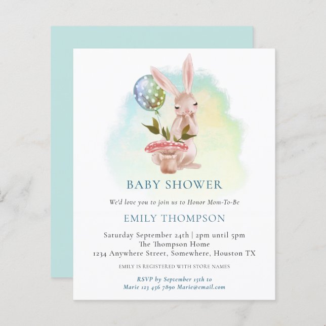 Papier Invitation de Baby shower Turquoise Bunny Budget (Devant / Derrière)