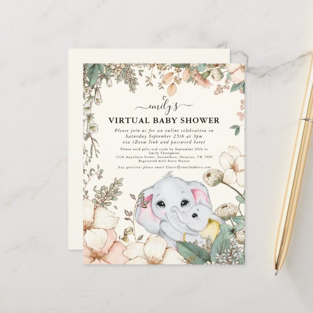 Papier Invitation de Baby shower virtuel Budget Elephant  (Devant/Arrière en situation)